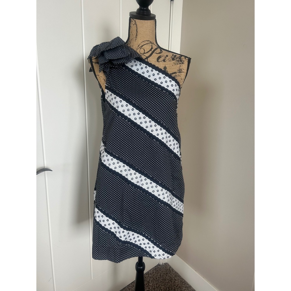 Maeve Black and White Asymmetrical Chevron Stripes Shoulder Bow Mini Dress Sz S